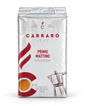 Carraro Primo Mattino 250 g ground coffee, silver and red pack on white
