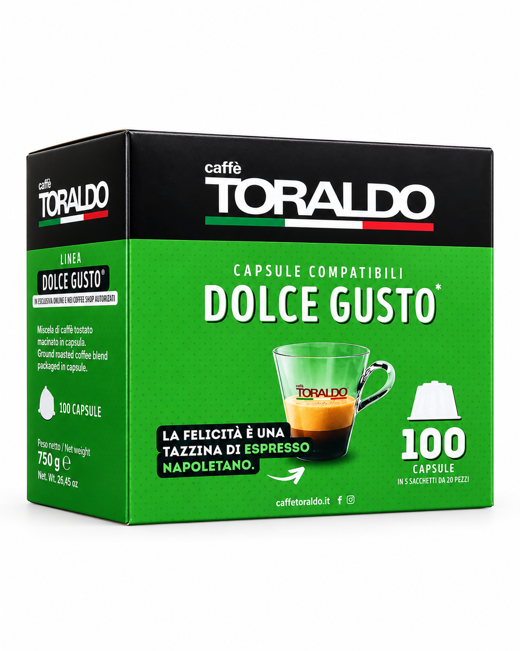 Toraldo Classica box of 100 Dolce Gusto compatible capsules on white