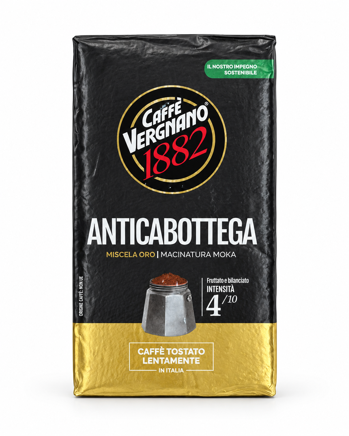 Vergnano Anticabottega 250 g ground coffee for moka, black and gold pack on white